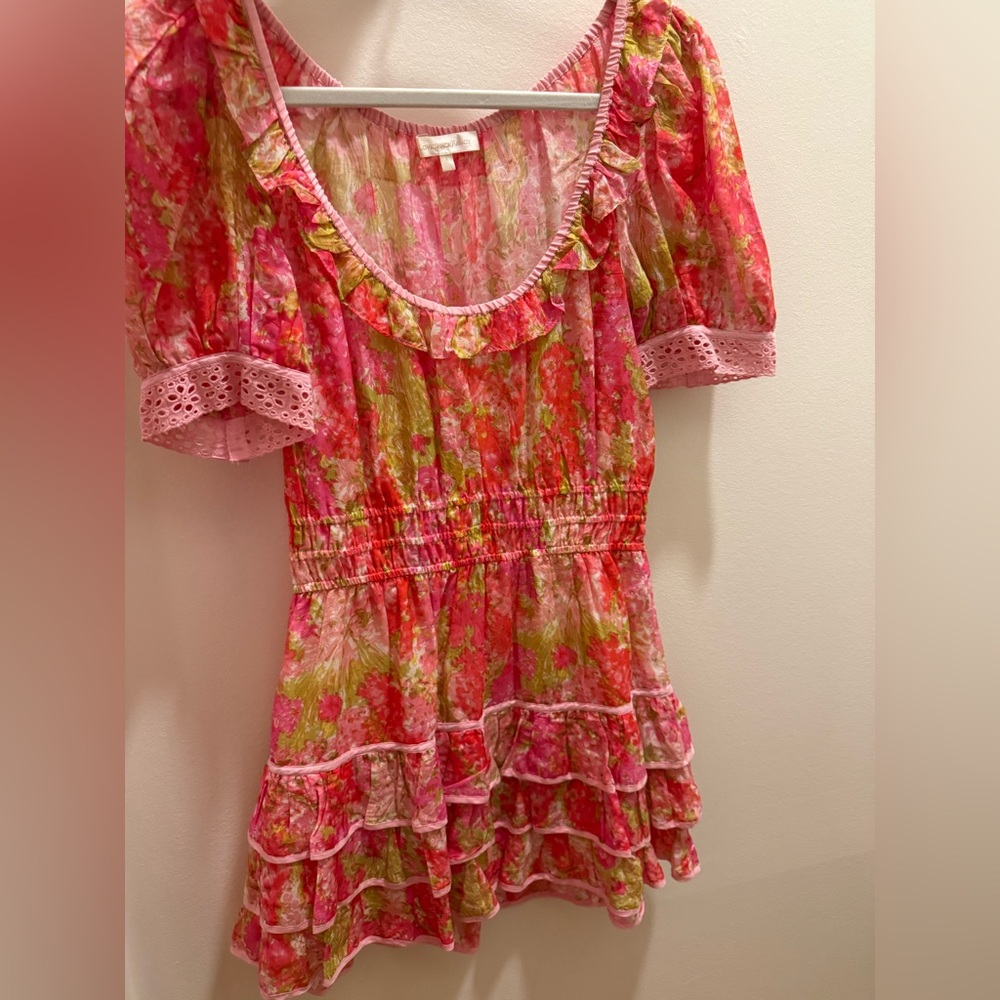 Love Shack Fancy Floral Ruffle Mini Dress in Pink & Green